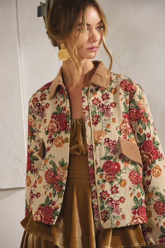 Vintage Floral Corduroy-Collar Jacket